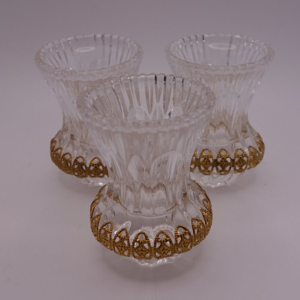 Set of Three(3) Crystal Toothpick Holders with Gold Color Metal Decoration